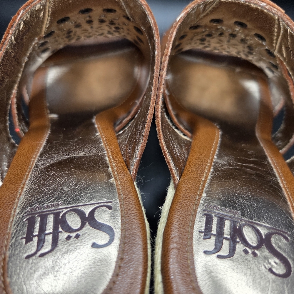 Söfft Leather Studded Cutout Espadrille Wedge Mule Sandals 6.5M Cognac - Picture 9 of 11